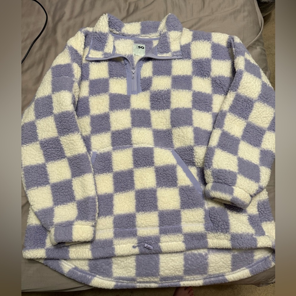 Purple and white checkered quarter zip Sherpa